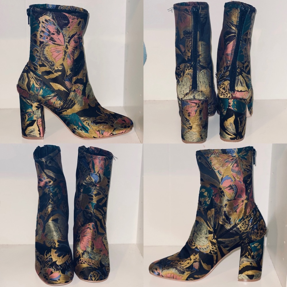 Multicolored brocade heeled booties